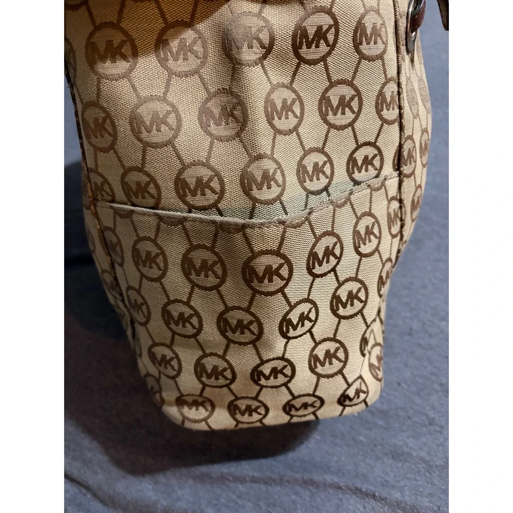 Michael Kors Signature Monogram Tote Bag Brown Jacquard Leather Trim Gold HW